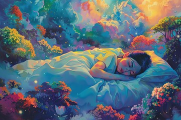 A serene slumber amidst a magical nature setting, where vibrant flora and a dreamlike atmosphere envelop a resting individual. Generative AI