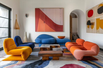 Vibrant living room with bold shapes, merging modern minimalism and elegant style seamlessly.