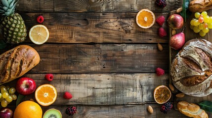 Top view wooden board with bread and fruits copy space background. AI generated image