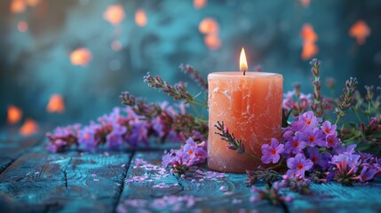 A composition with a candle and flowers