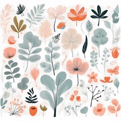 A collection of seamless pattern, colorful abstract plants and flowers. Hand drawn Collection of leaves and flowers. A close up of a pattern of flowers and leaves.
