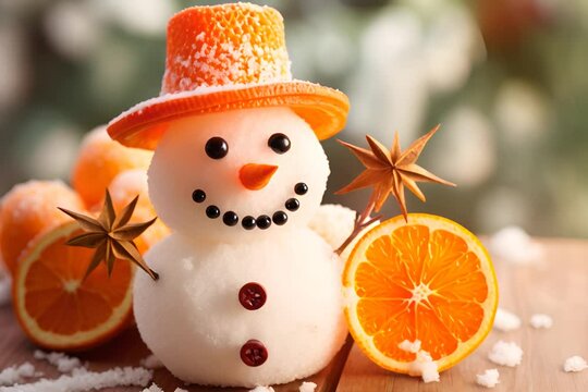 A creative snowman made of oranges, decorated with a hat and spices, against a snowy background.