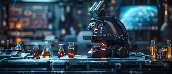 A cutting-edge medical research laboratory featuring a microscope and test tubes filled with biochemicals on the desk, showcasing the advanced biotechnology development center with high-tech equipment