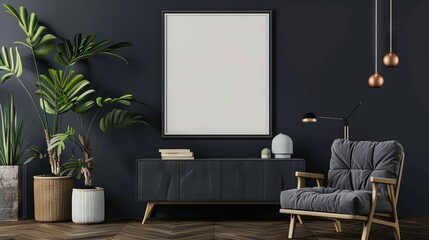 Mockup frame on cabinet in living room interior on empty dark wall background,3D rendering 