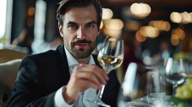 Businessman in the formal suit drinking wine in the dinner at restaurant. AI generated image