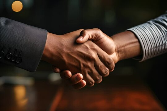 Two people shaking hands firmly, showcasing mutual agreement or greeting, close-up.