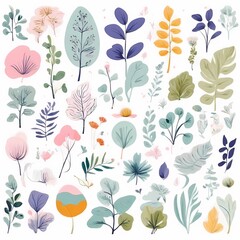 A collection of seamless pattern, colorful abstract plants and flowers. Hand drawn Collection of leaves and flowers. A close up of a pattern of flowers and leaves.
