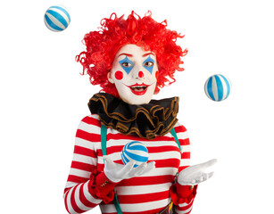 Cute funny clown woman juggling with balls. April Fools' Day concept.