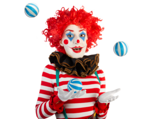 Cute funny clown woman juggling with balls. April Fools' Day concept.