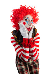 Cute funny young clown woman in surprised pose, isolated. April Fools' Day concept.