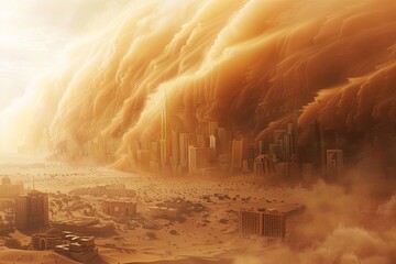 A city in the middle of a desert engulfed in dust as a towering sandstorm approaches. Generative AI