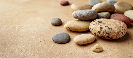 pile of rocks, small stones on a tan surface, stand for showcasing products, empty space for text