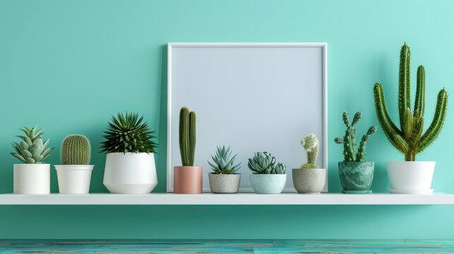 Living room with cactus plants in pots and frame on the table against turquoise wall background.
