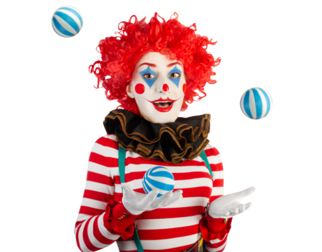 Cute funny clown woman juggling with balls. April Fools' Day concept.