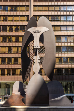 Chicago, Illinois - United States - March 11th, 2024: Downtown sculpture "The Chicago Picasso" by artist Pablo Picasso, installed in 1967, in downtown Chicago, Illinois, USA.