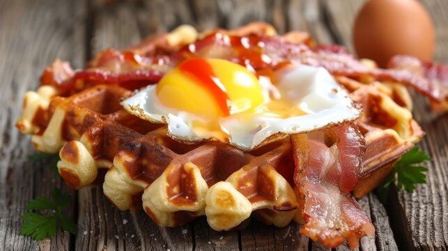  a close up of a waffle with bacon and a fried egg on top of it on a wooden table.