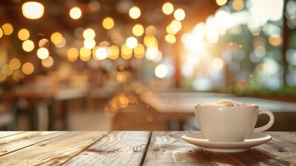 A Cup of hot coffee drink on wooden table on blur cafe background. AI generated image - obrazy, fototapety, plakaty
