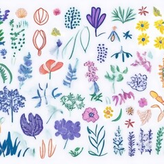 A collection of seamless pattern, colorful abstract plants and flowers. Hand drawn Collection of leaves and flowers. A close up of a pattern of flowers and leaves.

