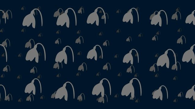 Snowdrops float horizontally from left to right. Parallax fly effect. Floating symbols are located randomly. Seamless looped 4k animation on dark blue background