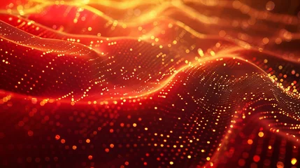 Fototapeten Abstract red and gold particle background. Flow wave with dot landscape. Digital data structure. Future mesh or sound grid. Pattern point visualization. Technology vector illustration. © Jalal