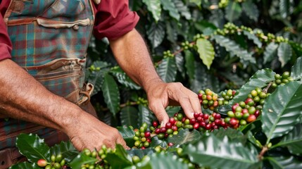 Harvesting arabica and robusta coffee berries  farmer handpicking in agriculture - obrazy, fototapety, plakaty