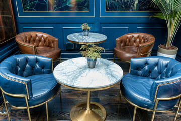 Luxe sapphire blue-themed space featuring leather chairs, marble tables, and gold-trimmed decor for sophistication.
