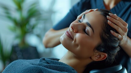 Beautiful young woman having a facial massage in a beauty salon. - obrazy, fototapety, plakaty