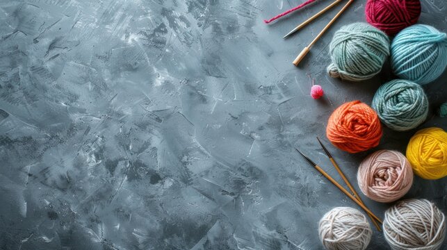 Top view group of woolen knitting yarns balls and needles on grey background. AI generated image