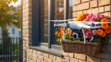 drone flies with a bouquet of flowers in a basket romantic - obrazy, fototapety, plakaty