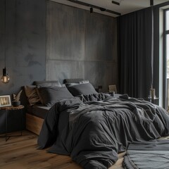 a bed with a dark wall and a round rug