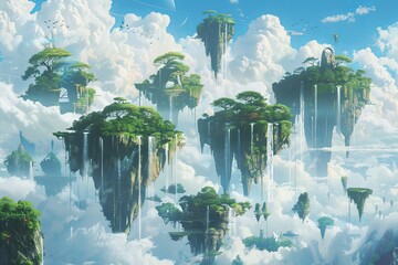 A group of floating islands hovers in the sky, enveloped by thick clouds, creating a surreal and mystical scene. Generative AI