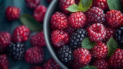 The luscious allure of a top view fruit background, showcasing a captivating close-up of plump blackberries arranged with precision.  - obrazy, fototapety, plakaty