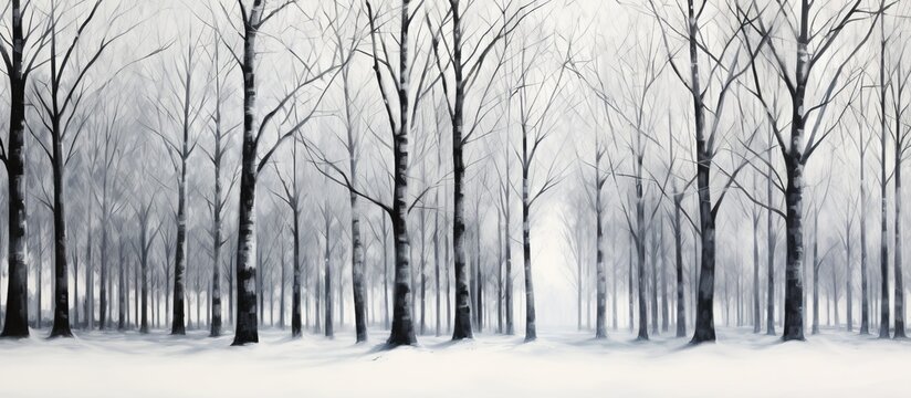 A monochromatic painting depicting a winter scene in a forest with snowcovered trees, bare branches, and a frozen landscape