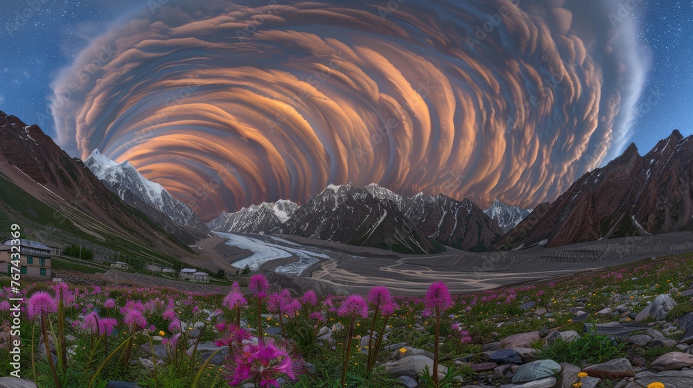 Poster  a swirl of clouds in the sky over a mountain range with wildflowers in the foreground and a river in the foreground.