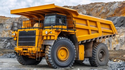 Big yellow coal anthracite mining truck in operation at an open pit mine industry site