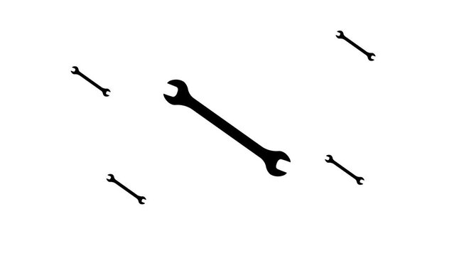 Zoom in and out animation the wrench symbol. Large black symbol in the center and four small symbols around. Seamless looped 4k animation on white background