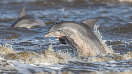 Obraz premium a dolphin jumping out of the water with it's mouth open and it's head above the water's surface.