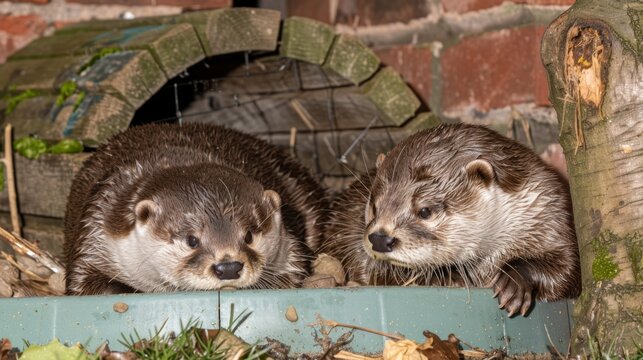  a couple of otters standing next to each other in front of a brick wall and a wood fire place.