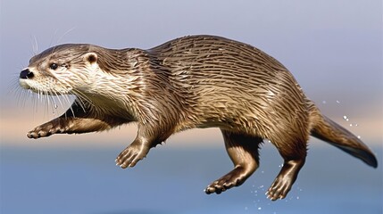  a close up of a wet otter jumping in the air with it's mouth open and it's tongue out.
