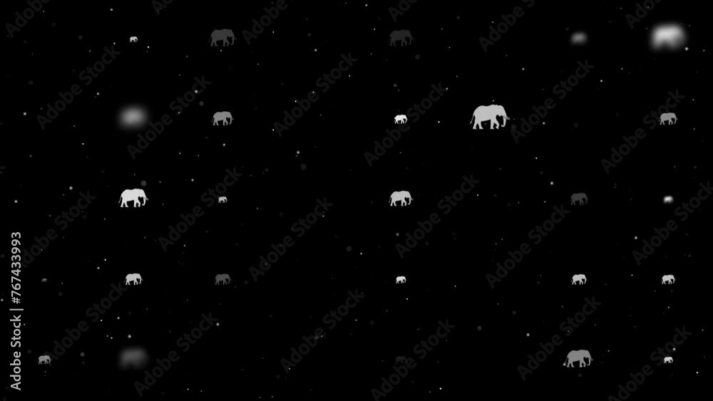 Poster template animation of evenly spaced elephant symbols of different sizes and opacity. animation of tr