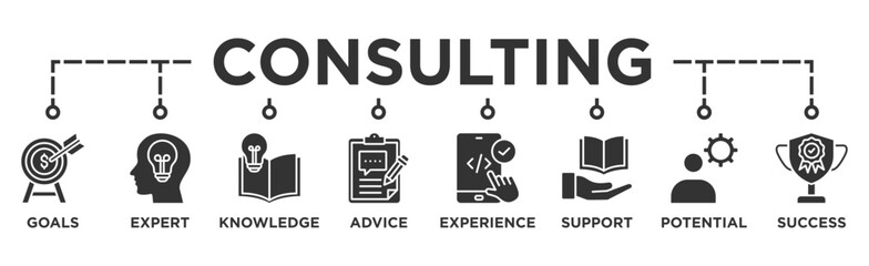 Consulting banner web icon vector illustration concept for business consultation with an icon of goals, expert, knowledge, advice, experience, support, potential, and success