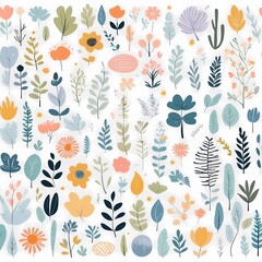 A collection of seamless pattern, colorful abstract plants and flowers. Hand drawn Collection of leaves and flowers. A close up of a pattern of flowers and leaves.
