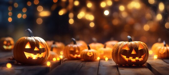 Beautiful pumpkin on a wooden floor. Festive Halloween bokeh background with empty space. - obrazy, fototapety, plakaty