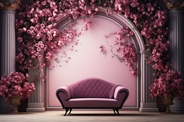 Royal sofa in a beautiful room with flowers. Luxury background