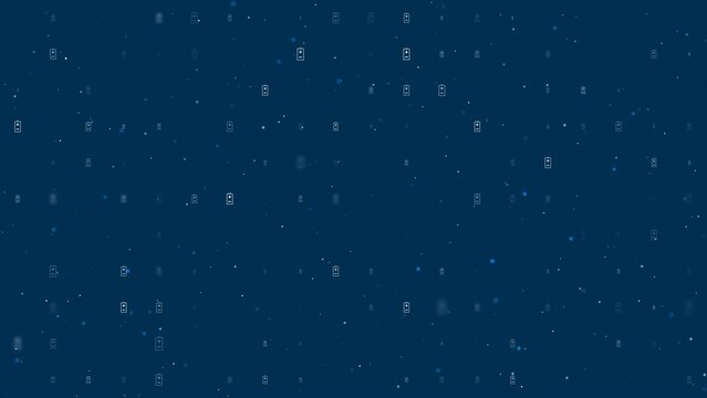 Template animation of evenly spaced battery symbols of different sizes and opacity. Animation of transparency and size. Seamless looped 4k animation on dark blue background with stars