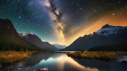 Lake surrounded by mountains, reflecting the night sky filled with stars, including the Milky Way