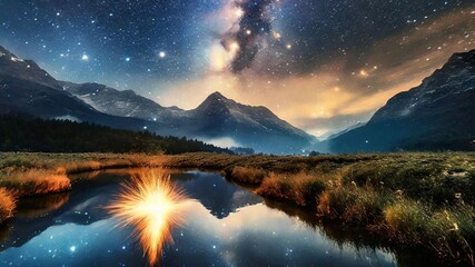 Lake nestled among towering mountains, illuminated by stars of night sky, including Milky Way