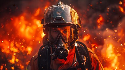 Focused firefighter with a protective mask against fire. Fireman ready for emergency in a blaze. Concept of firefighting determination, rescue readiness, disaster response, and public safety. - obrazy, fototapety, plakaty