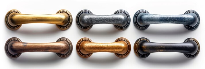 Elegant metallic cabinet handles in bronze and black. Curved design handlebars for drawers. Concept of modern kitchen hardware, luxury interior design, and refined home decor.
