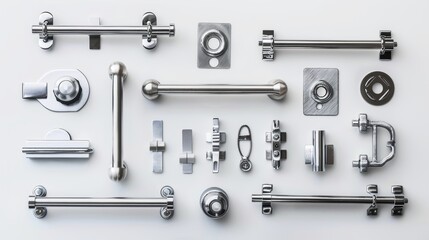 Top view of variety of high-quality furniture fittings, including sleek cabinet handles, sturdy hinges, and smooth drawer slides, arranged neatly against a plain clean white background. Flat lay